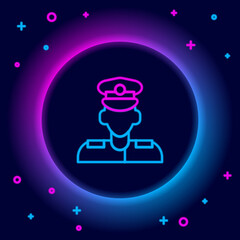 Glowing neon line Pilot icon isolated on black background. Colorful outline concept. Vector