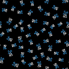 Line Warning aircraft icon isolated seamless pattern on black background. Faulty plane. Flying prohibition zone. Plane is forbidden for transportation and travelling. Vector