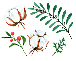 Winter Christmas watercolor elements for traditional holiday design of cards, calendars, invitations, stationery. Cotton boxes, twigs with berries, a juniper branch are elements that no New Year's
