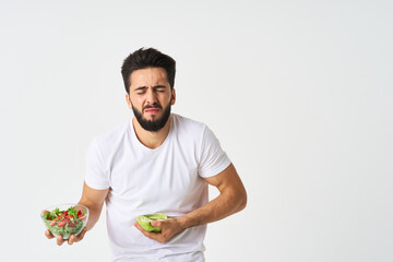 man in white t-shirt plate salad healthy food diet