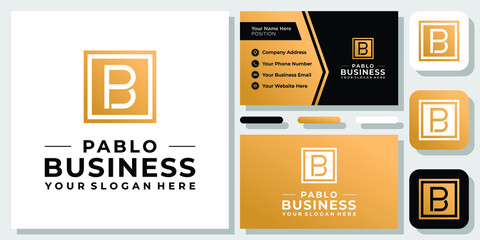 Initial Letter PB BP Gold Luxury Classic Square Box Modern Logo Design with Business Card Template
