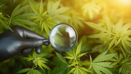 Obraz premium Organic CBD hemp leaves. Concept of herbal alternative medicine, CBD oil, in the cultivation of hemp for the production of cannabis oil