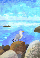The seagull stands on a stone on the seashore. Children's drawing