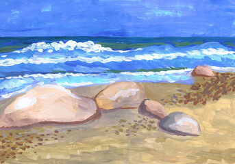 Huge stones on the shores of the Baltic Sea. Children's drawing