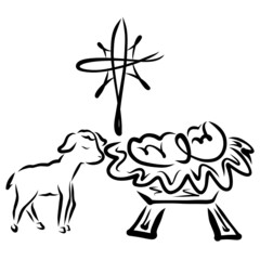 Shining Christmas star with symbols over the newborn Savior and the humble lamb