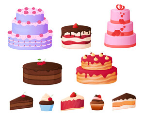 Set of cakes to celebrate your holiday. Beautiful colored sweet cakes. Vector illustration on a white background