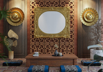 3D illustration Mockup photo frame in living room rendering