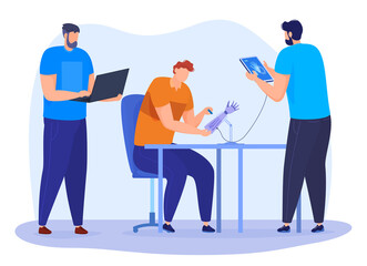 The engineer designs and develops parts using the latest technology. Prosthesis design. Vector illustration on a white background