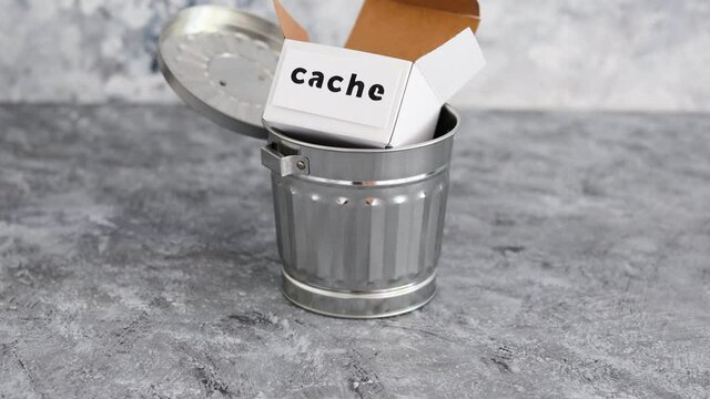 online privacy and stored information, metaphor of box with Cache label next to recycle bin