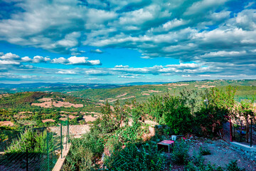 Panorama over the Tuscan countryside from Campagnatico Grosseto Tuscany Italy