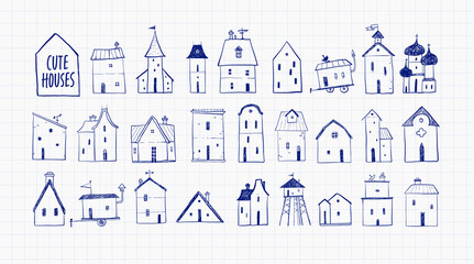 Collection of pen sketch doodle houses on lined paper background