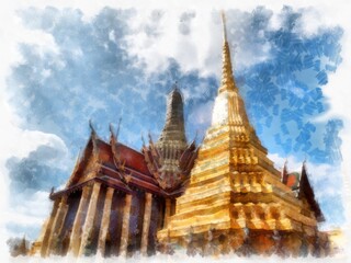 Fototapeta premium Ancient architecture of Thailand watercolor style illustration impressionist painting.