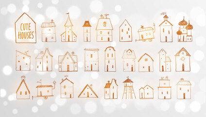 Collection of doodle houses on white glowing background.