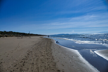 Winter panorama of Pianetti beach towards San Vincenzo Tyrrhenian sea Tuscany Italy