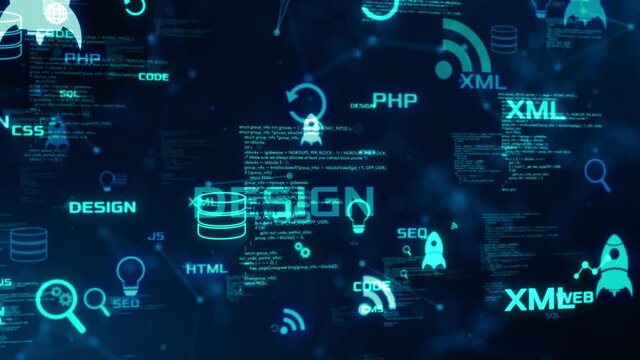 abstract grid,web development concept animation with keywords and icons (3d render)