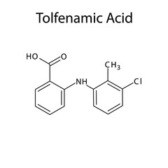 Tolfenamic acid molecular structure, flat skeletal chemical formula. NSAID drug used to treat pain, headache, migraine. Vector illustration.