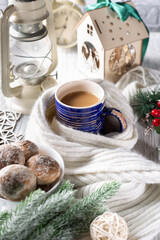 Beautiful christmas concept with sweets hot coffee and accessories