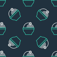 Line Ramen soup bowl with noodles icon isolated seamless pattern on black background. Bowl of traditional asian noodle soup. Vector