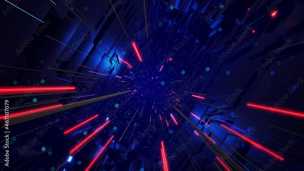 Poster information technology concept. blue dark sci fi bg fly through tech digital space like in tunnel ne