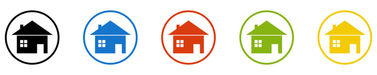 Bunter Banner mit 5 farbigen Icons: Haus, Immobilien, Ferienhaus oder zu Hause