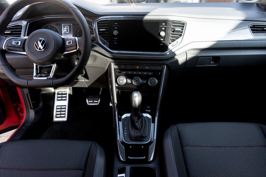 Interior of modern VW T-Roc. Interior with steering wheel and cockpit panel. October 30.2021 Torgau Germany