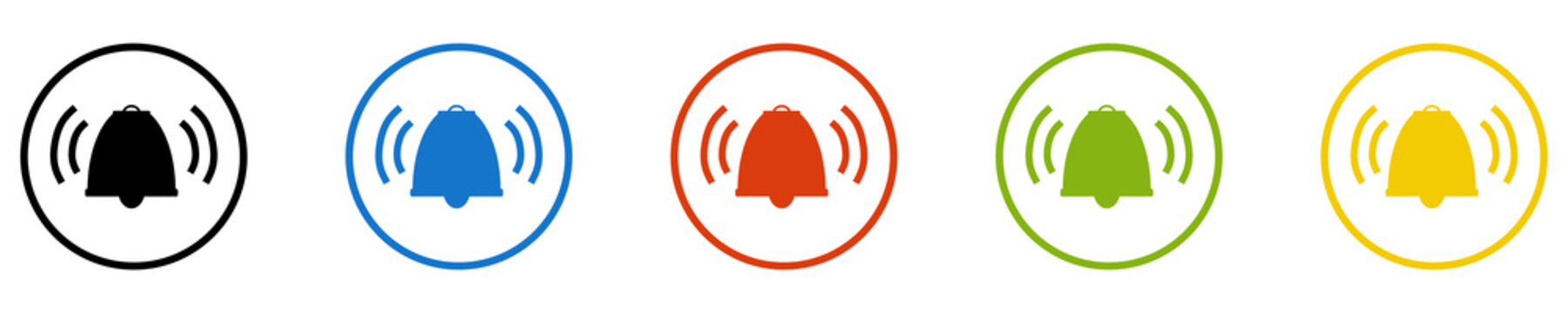 Bunter Banner mit 5 farbigen Icons: Glocke, Wecker, Klingel oder Benachrichtigung