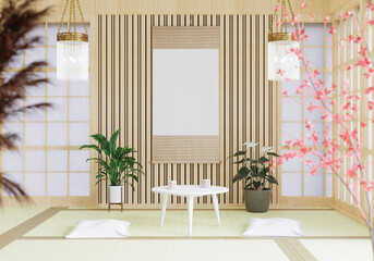 3D illustration mockup frame in japanese style room