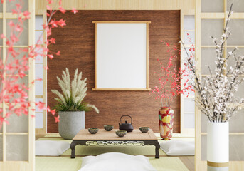 3D illustration mockup frame in japanese style room
