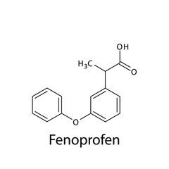 Fenoprofen molecular structure, flat skeletal chemical formula. NSAID drug used to treat pain, rheumatoid arthritis, osteoarthritis. Vector illustration.