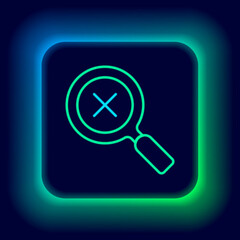 Glowing neon line Magnifying glass and delete icon isolated on black background. Search, focus, zoom, business symbol. Colorful outline concept. Vector