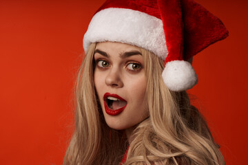 cheerful woman new year santa hat holiday model