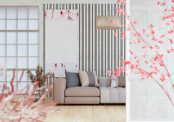 3D illustration mockup frame in japanese style room