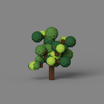 3d rendered voxel tree on grey background. pixel art and voxel objects