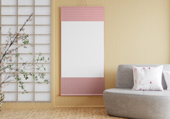 3D illustration mockup frame in japanese style bedroom