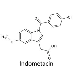 Indometacin molecular structure, flat skeletal chemical formula. NSAID drug used to treat pain, rheumatoid arthritis, ankylosing spondylitis, osteoarthritis. Vector illustration.