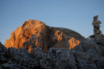 Sunny day on dolomites,  hiking in summer through altopiano della rosetta