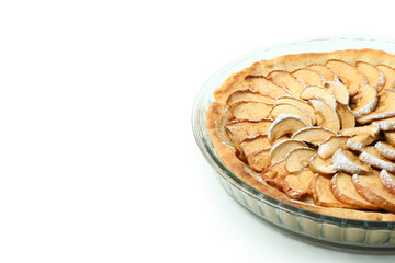 Apple pie in dish isolated on white background