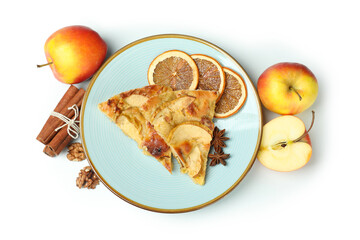 Concept of tasty food with apple pie isolated on white background