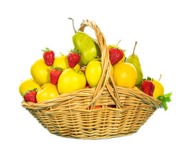 freshly picked organic strawberry and apples in a basket isolated over white background, healthy eating. 