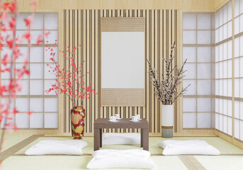 3D illustration mockup frame in japanese style room