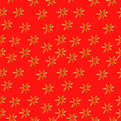 Seamless vector pattern with Christmas cute illustrations of gold line on red background. Winter,holiday print in doodle style hand drawn. Designs for textile, wrapping paper, fabric, scrapbooking.