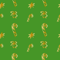Seamless vector pattern with Christmas cute illustrations of gold line on green background. Winter,holiday print in doodle style hand drawn. Designs for textile, wrapping paper, fabric, scrapbooking.