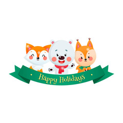 Cute Happy Holiday card with cartoon animals. Winter holiday badge with a cute funny fox, a polar bear, a squirrel and a blue ribbon isolated on a white background. Vector illustration 10 EPS.