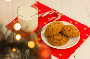 a traditional treat and drink for Santa under the Christmas tree. festive glass of milk and cookies for Father Christmas.