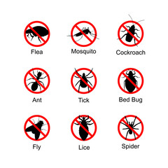 Anti bug symbol icon of flea, ant,fly, mosquito, tick, lice, cockroach, bed bug, spider