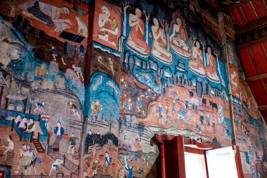 Famous Buddha temple in Nan town, Thailand is Wat Phumin. Wat Phumin is famous wall paining inside temple of the &ldquo;whispering&rdquo; two lovers mural.