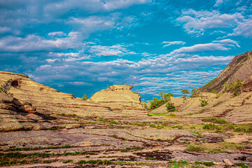 Beautiful nature of rocky mountains. Unusual landscape of nature. Trees among the rocks against the sky with clouds.