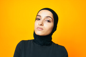 arab woman fun ethnicity model posing emotions yellow background