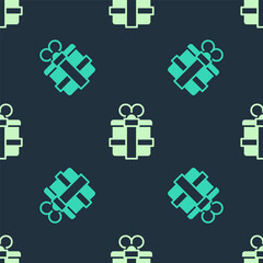 Obraz premium Green and beige Gift box icon isolated seamless pattern on blue background. Vector