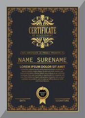Certificate Design. Diploma currency border template. Dark colored gift voucher award background